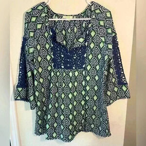Jade Melody Tam Blue and Green Diamond Pattern Quarter Sleeve Blouse Size Medium